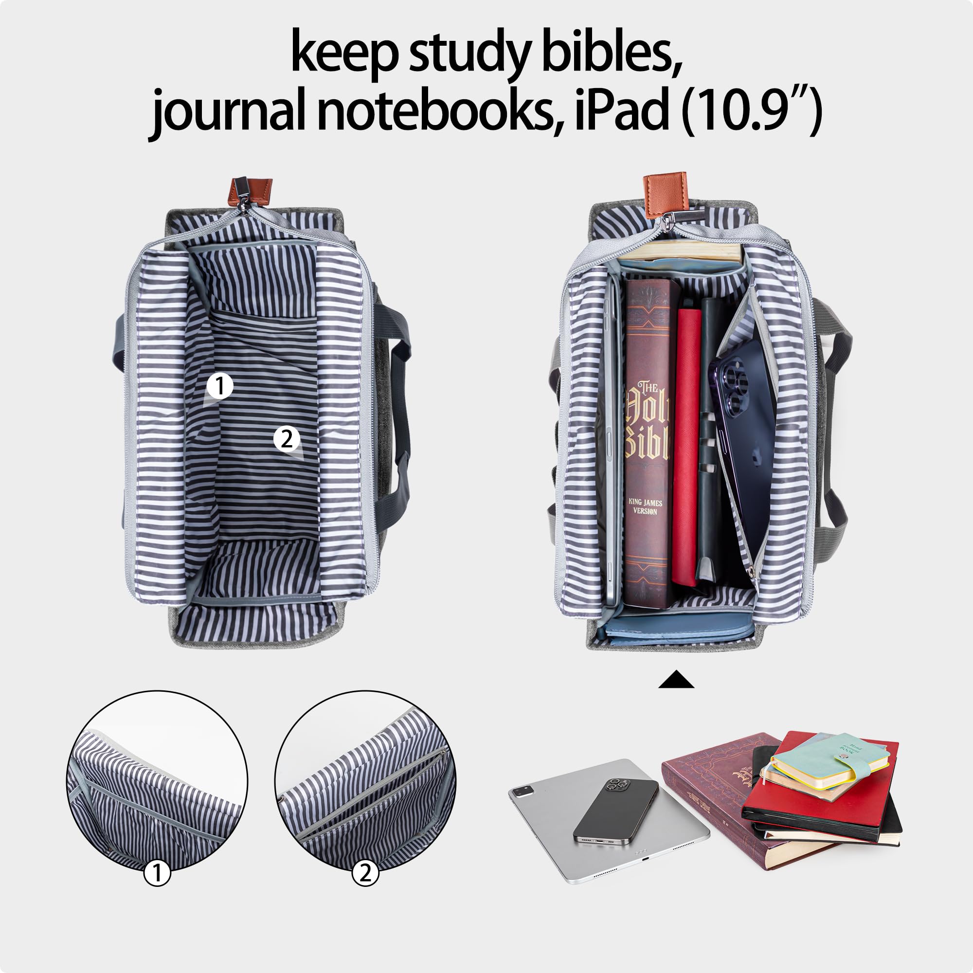 LUXJA Women's Bible Tote Bag with Multiple Pockets - Large Religious Book Carrier for Bible Study, Church & Travel - Gray