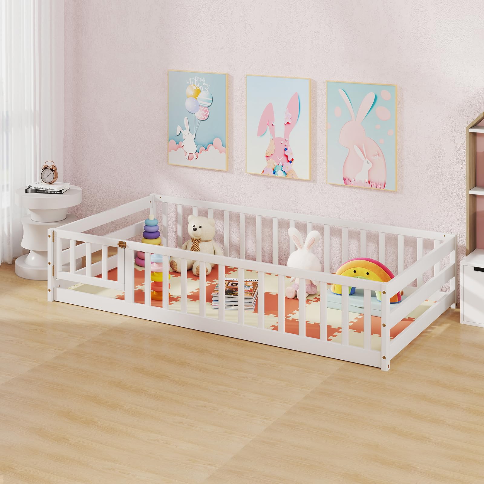 Montessori Twin Floor Bed for Kids - Wooden Low Bed with Safety Guardrails & Door, No Box Spring Needed, White | Ideal for Toddlers, Boys & Girls - Perfect for Montessori Rooms, Playrooms & Safe Sleep Spaces