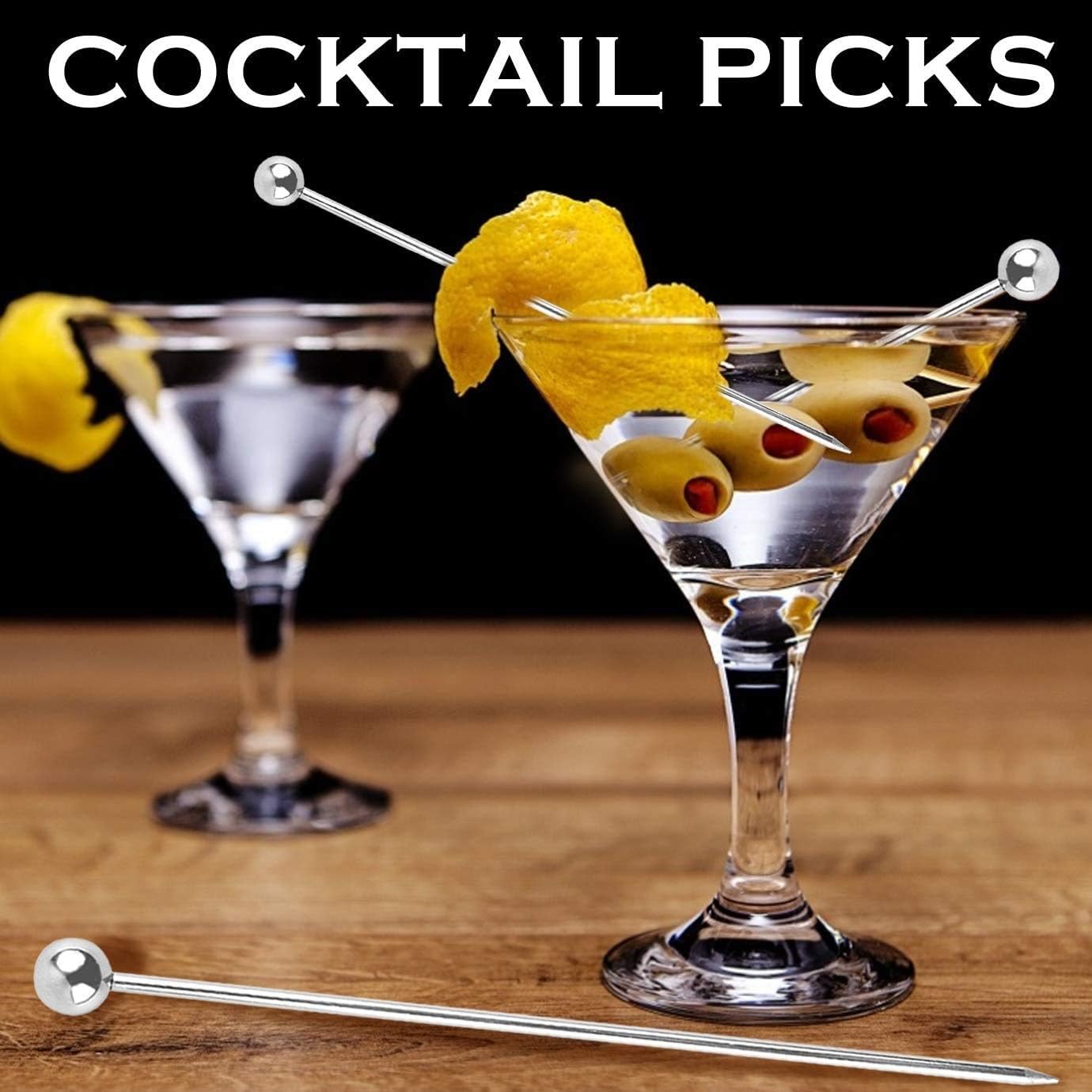 Dynore 2-Piece Stainless Steel Cocktail Picks - Reusable Fruit Skewers & Toothpicks for Cocktails, BBQ, Snacks, and Fruit Platters - Perfect for Parties, Picnics, and Home Entertaining