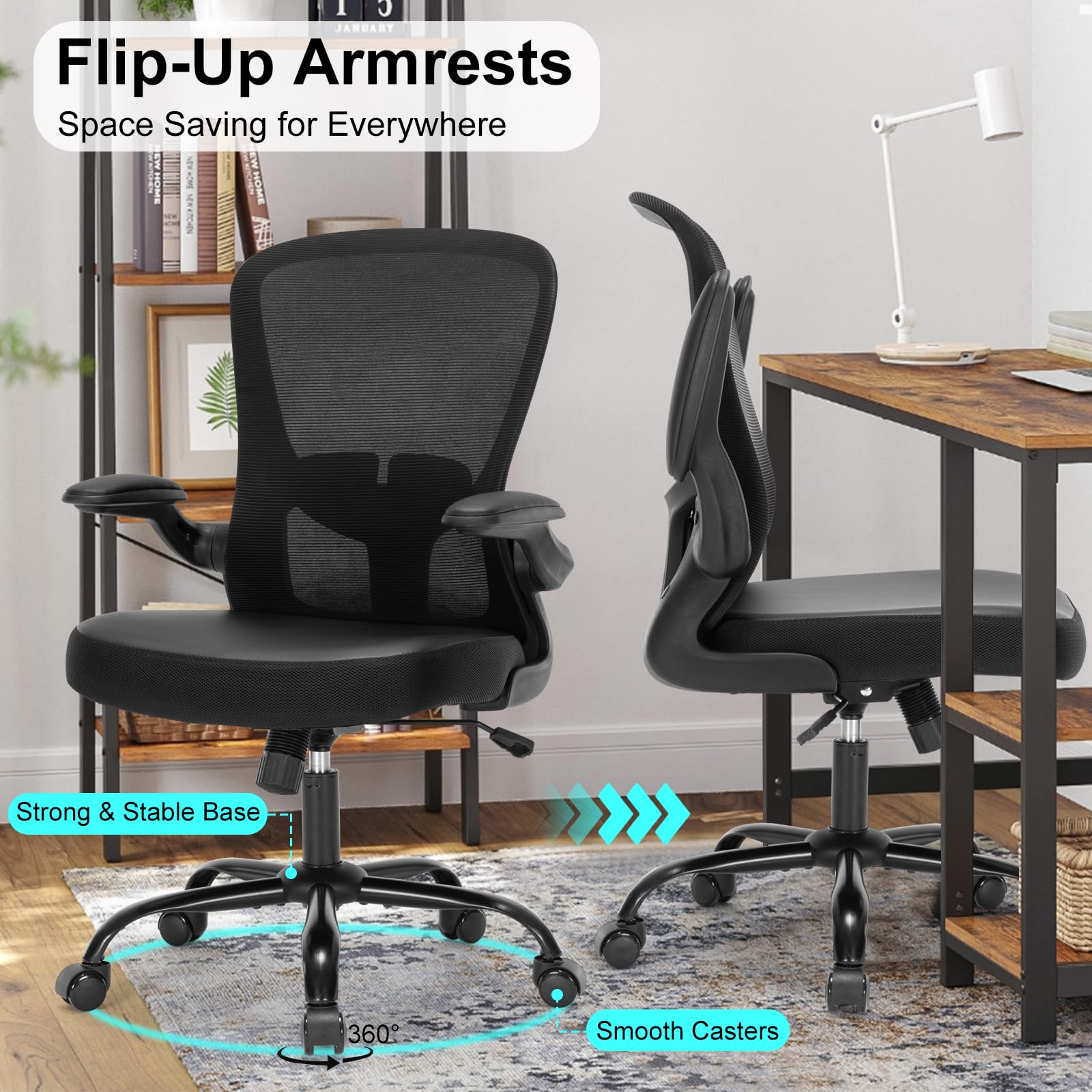 Ergonomic Office Chair with PU Leather Cushion, Adjustable Lumbar Support & Flip-Up Arms - Comfortable Computer Desk Chair for Home Office, Gaming & Workspace