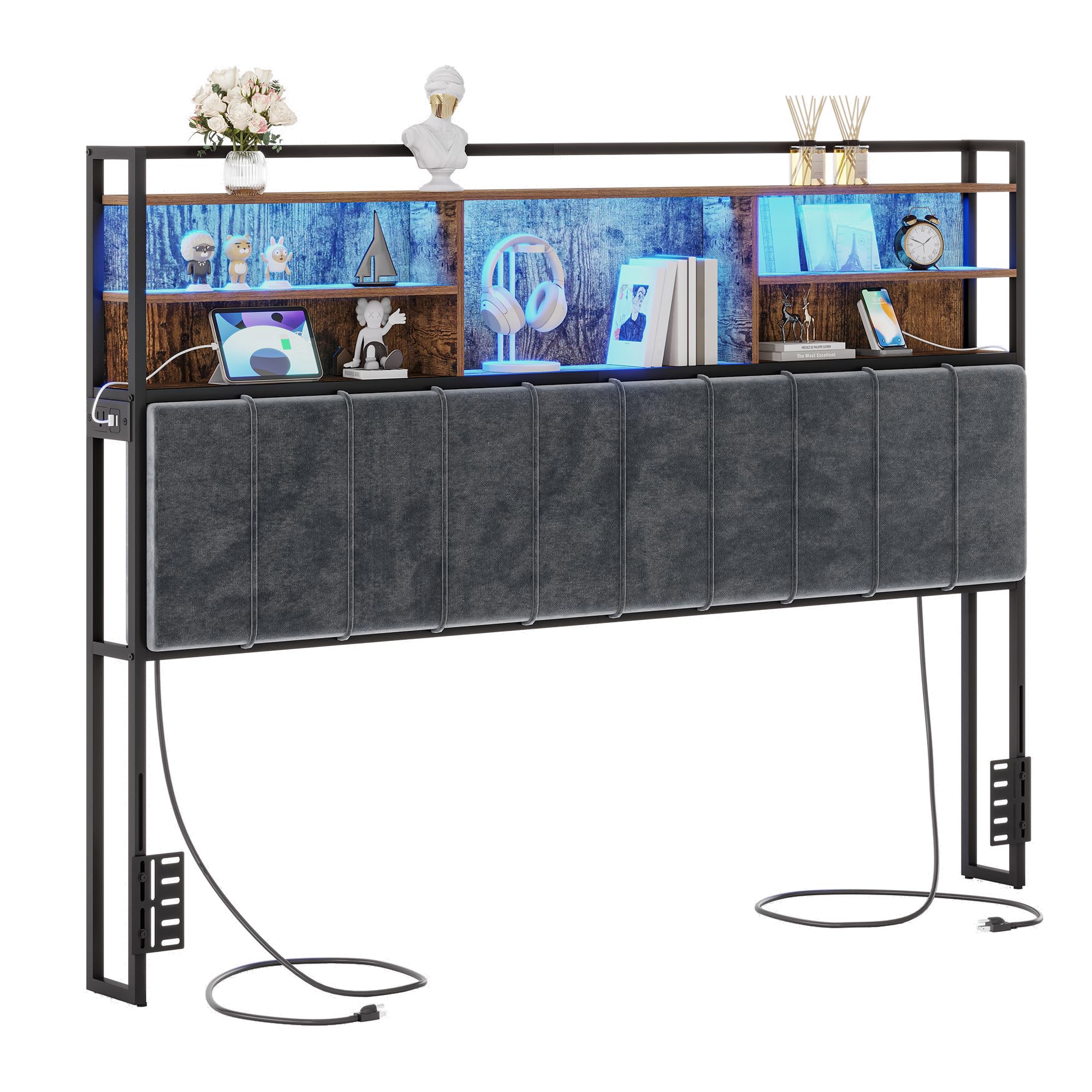 Velvet Upholstered Headboard with 3-Tier Storage Shelves - King Size Bed Headboard with 2 Outlets, USB Ports & LED Lights - Rustic Brown and Black Soft Backrest for Bedroom, Master Suite, Dorm Room (Model BH19401B)