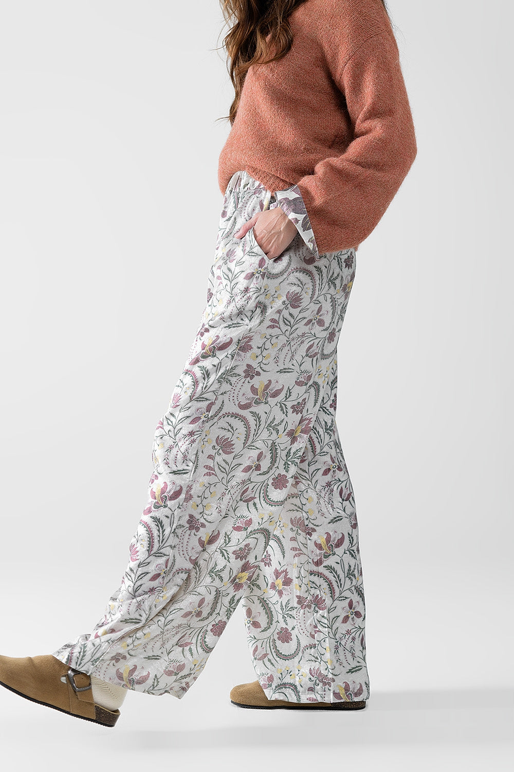 Grey Floral Print Satin Pants for Women - Elegant Lounge & Evening Wear