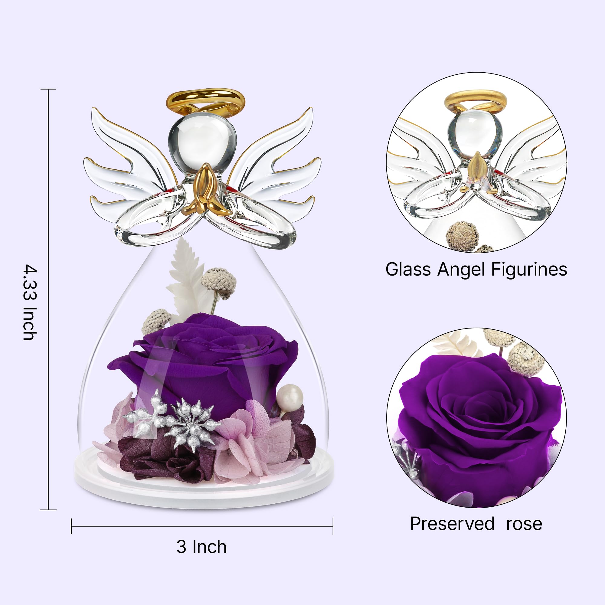Preserved Purple Rose in Glass Angel Figurine - Mother's Day Gift for Mom, Birthday Present for Women, Thoughtful Gift from Daughter, Unique Angel Flower Keepsake for Grandma, Wife, Sister - Perfect for Home Decor, Wedding Anniversary, and Special Occasions