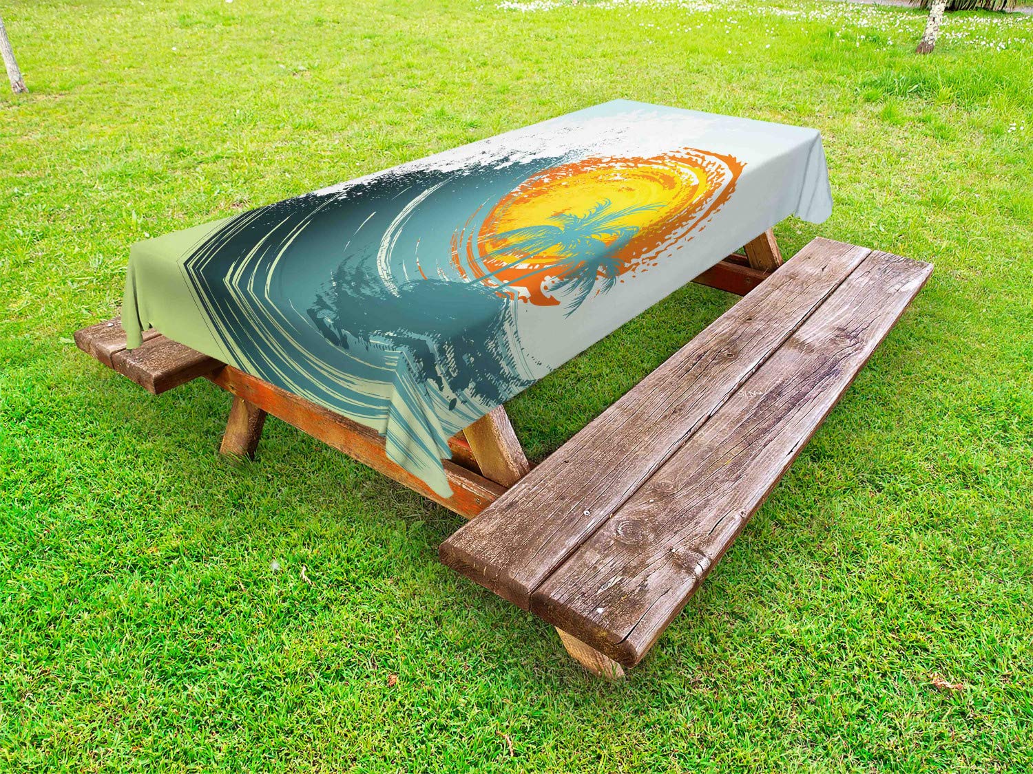 Ambesonne Tropical Outdoor Tablecloth - Exotic Coconut Palm Trees & Ocean Wave Summer Design, Decorative Washable Picnic Table Cover, 58