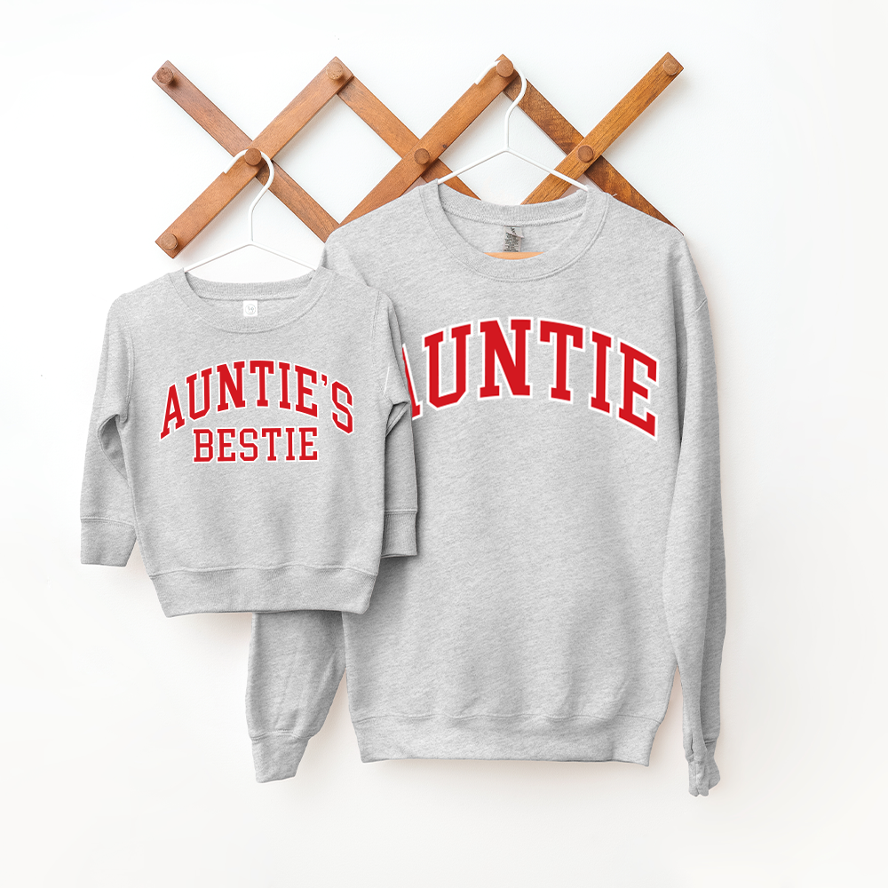 Auntie & Auntie's Bestie Essential Varsity Matching Sweatshirts - Cute Matching Outfits for Women, Couples & Friends - Perfect for Family Photos, Girls Trips & Sister Bonding