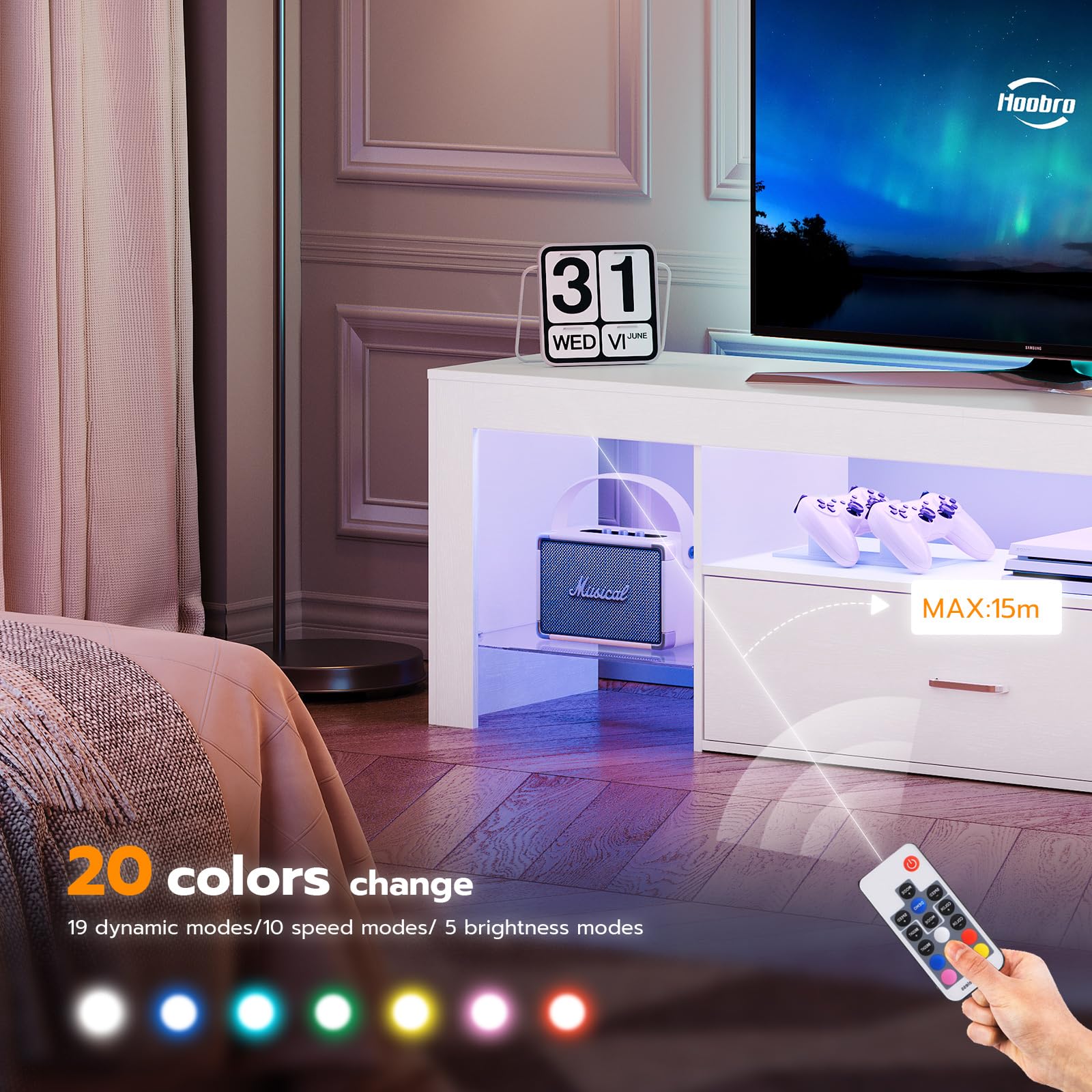 HOOBRO 65 inch LED TV Stand with Power Outlets, Modern Gaming Entertainment Center with Glass Shelves & Large Drawer, Media TV Console Table for Living Room Bedroom - Perfect for Movie Nights & Gaming Setup (White, Model WT14UDDS01)