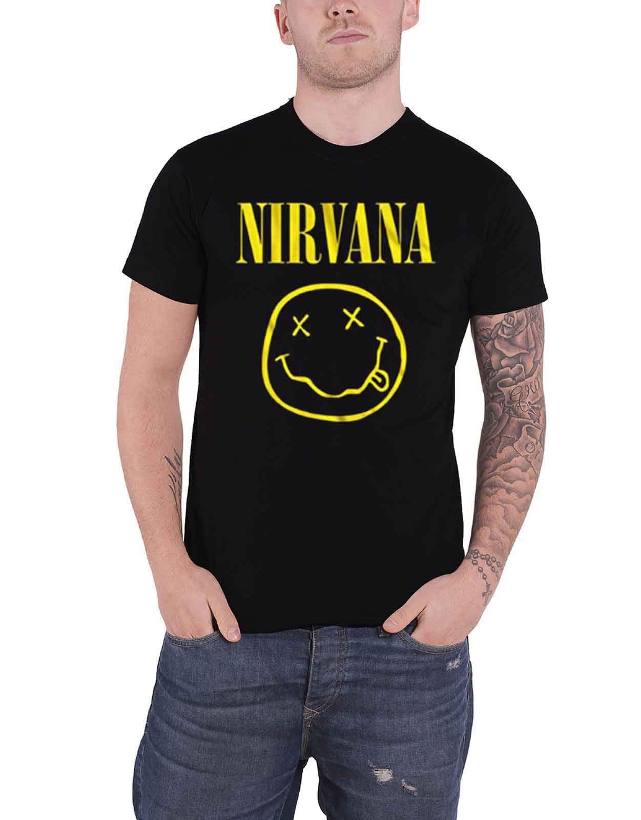 Official Nirvana Band Logo T-Shirt - Black Men's Tee with Yellow Smile Design | Grunge Rock Music Merchandise for Concerts & Casual Wear