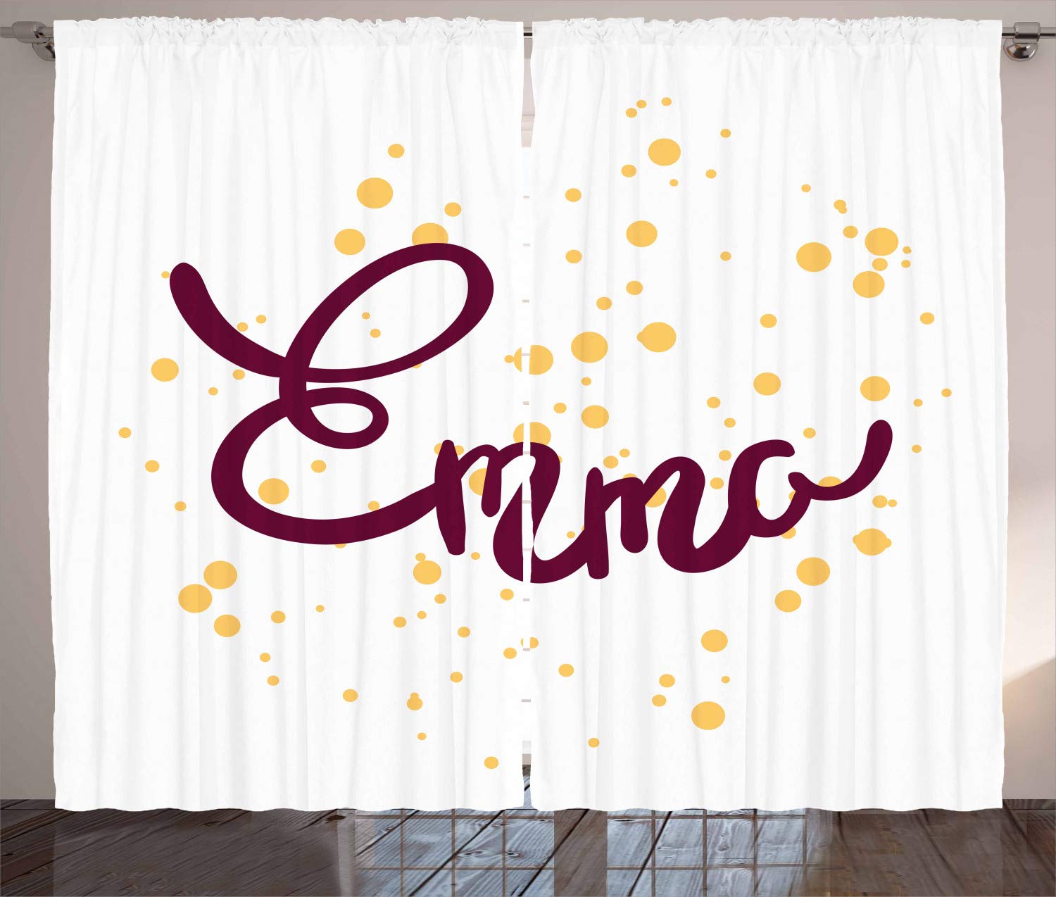 Ambesonne Emma Curtains - Handwritten Style Name & Swirls Print on Plain Background, 2 Panel Set (108