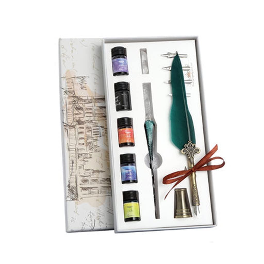 YLHXYPP Crystal Glass Dip Pen Set - Vintage Feather Calligraphy Pen with Replaceable Nibs, Art Supplies for Writing, Drawing & Lettering - Perfect for Home, Office, Studio & Gift Giving (Green)