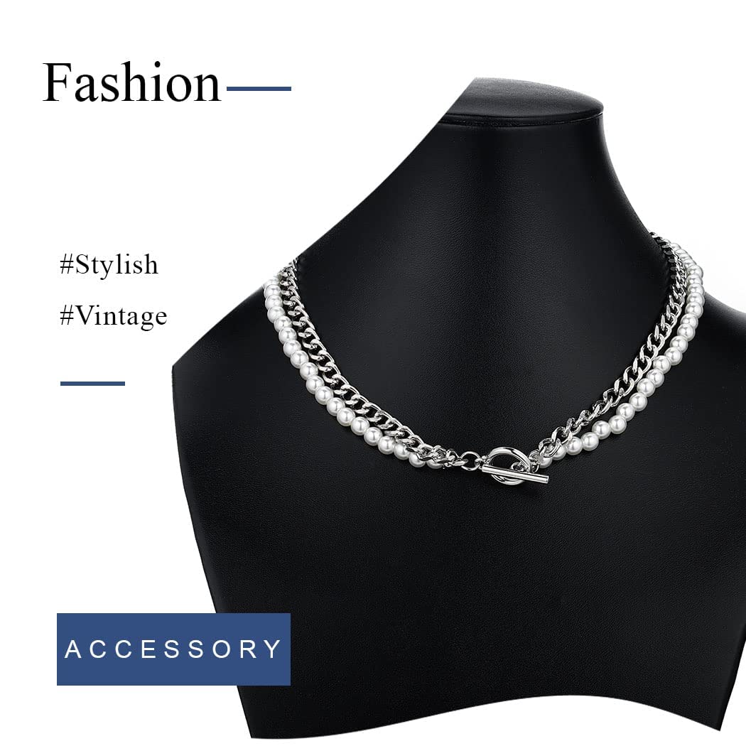 Elegant Uranian Layered Pearl Choker Necklace - Silver Double Chain Fashion Jewelry for Women | Perfect for Parties, Weddings & Evening Events