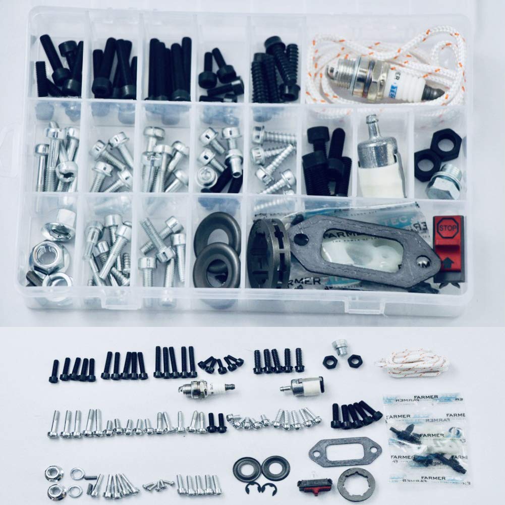 Farmertec 92-in-1 Screws Bolts Nuts Clips & Chain Tensioner Hardware Repair Kit - Compatible with Husqvarna 362 365 371 372 Chainsaws - Perfect for DIY Chainsaw Maintenance and Repairs