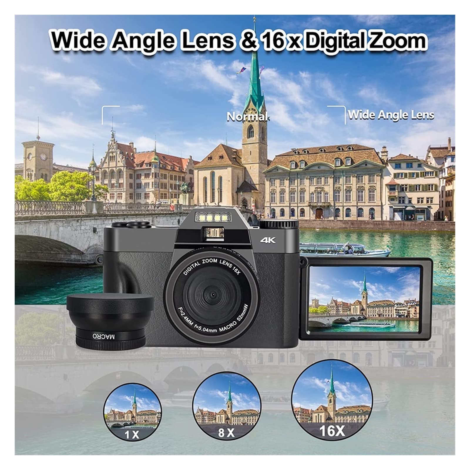 BODORME 4K Digital Camera with Flip Screen - 16X Zoom, Wide Angle Lens, 64GB TF Card - Perfect for Photography, Vlogging, YouTube & Travel Videos (No Lens Included)