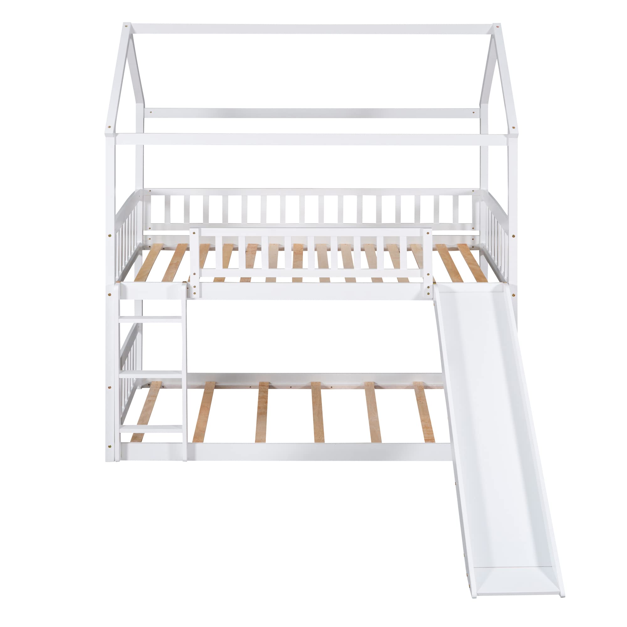 Twin Over Twin Bunk Bed with Slide - White Kids House Bunk Bed Frame for Toddlers & Children | Perfect for Small Bedrooms, Playrooms & Sleepovers