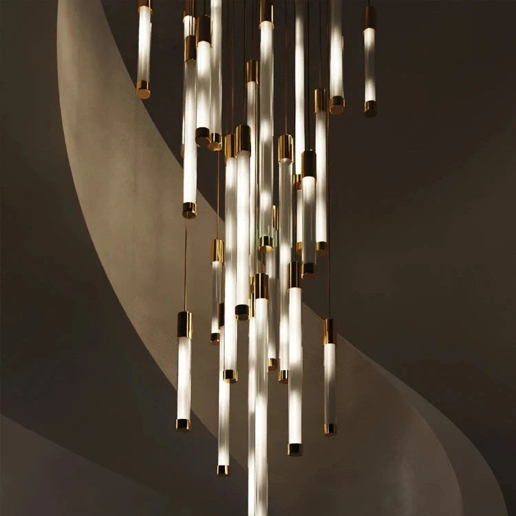 Modern Gold Tube LED Staircase Chandelier - Elegant Lighting Fixture for Hallway, Foyer & Stairwell Decor | Dimmable LED Chandelier for Home & Hotel Lighting