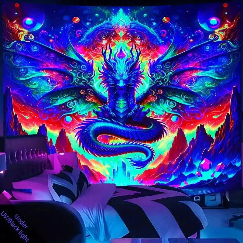 Dragon UV Glow Tapestry Wall Art - Glowing in The Dark Room Decor for Bedroom, Living Room, and Dorm