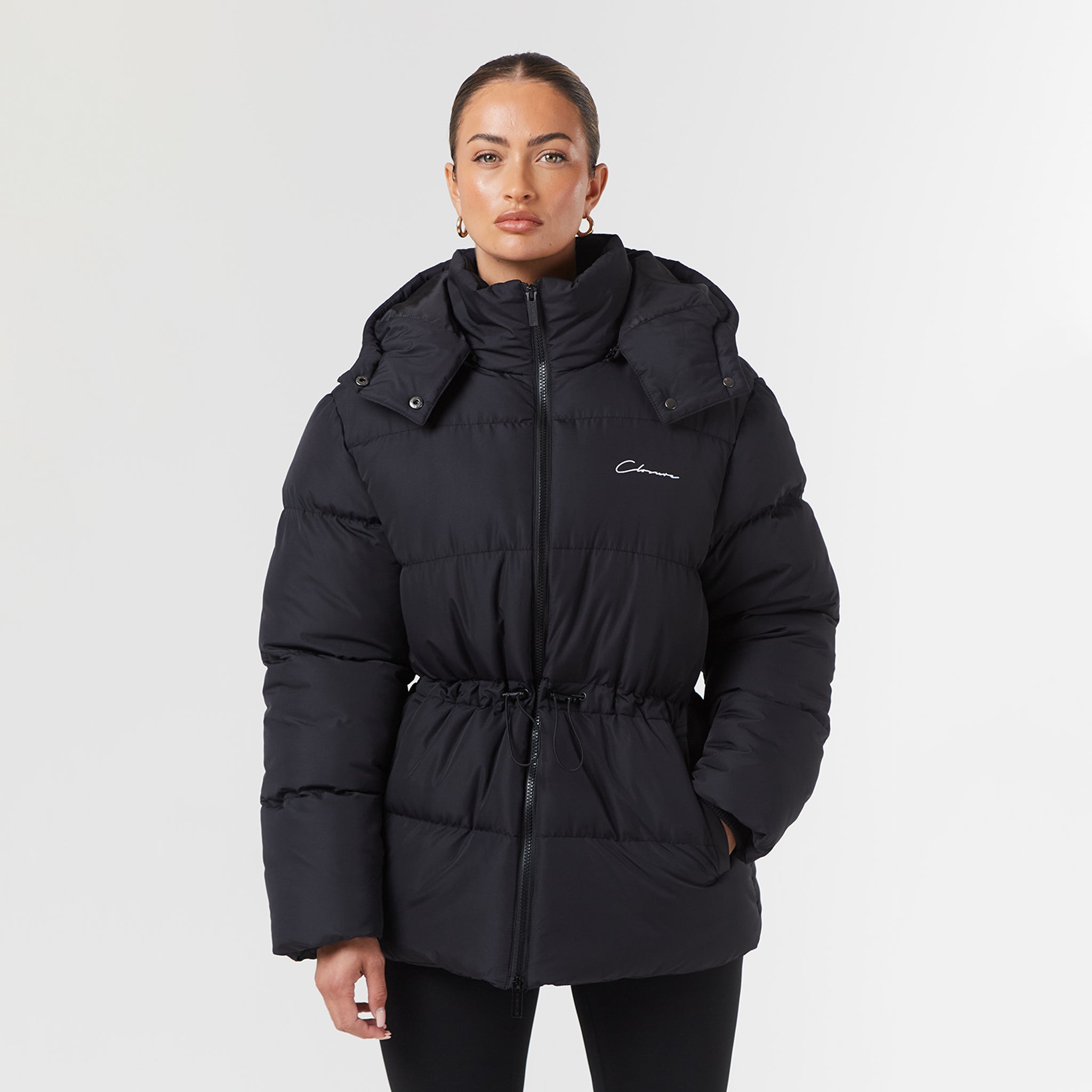 Black Toggle Waist Puffer Jacket - Women's Winter Coat with Adjustable Belt for Outdoor & Casual Wear