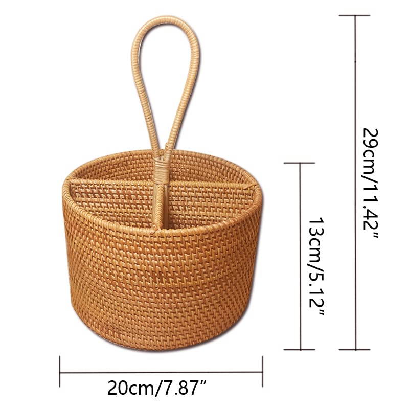 2 Pack Rattan Round Condiment Carrier - Handmade 4-Compartment Cooking Utensil Caddy & Silverware Organizer for Kitchen, Dining Table, Picnics, and Party Serving
