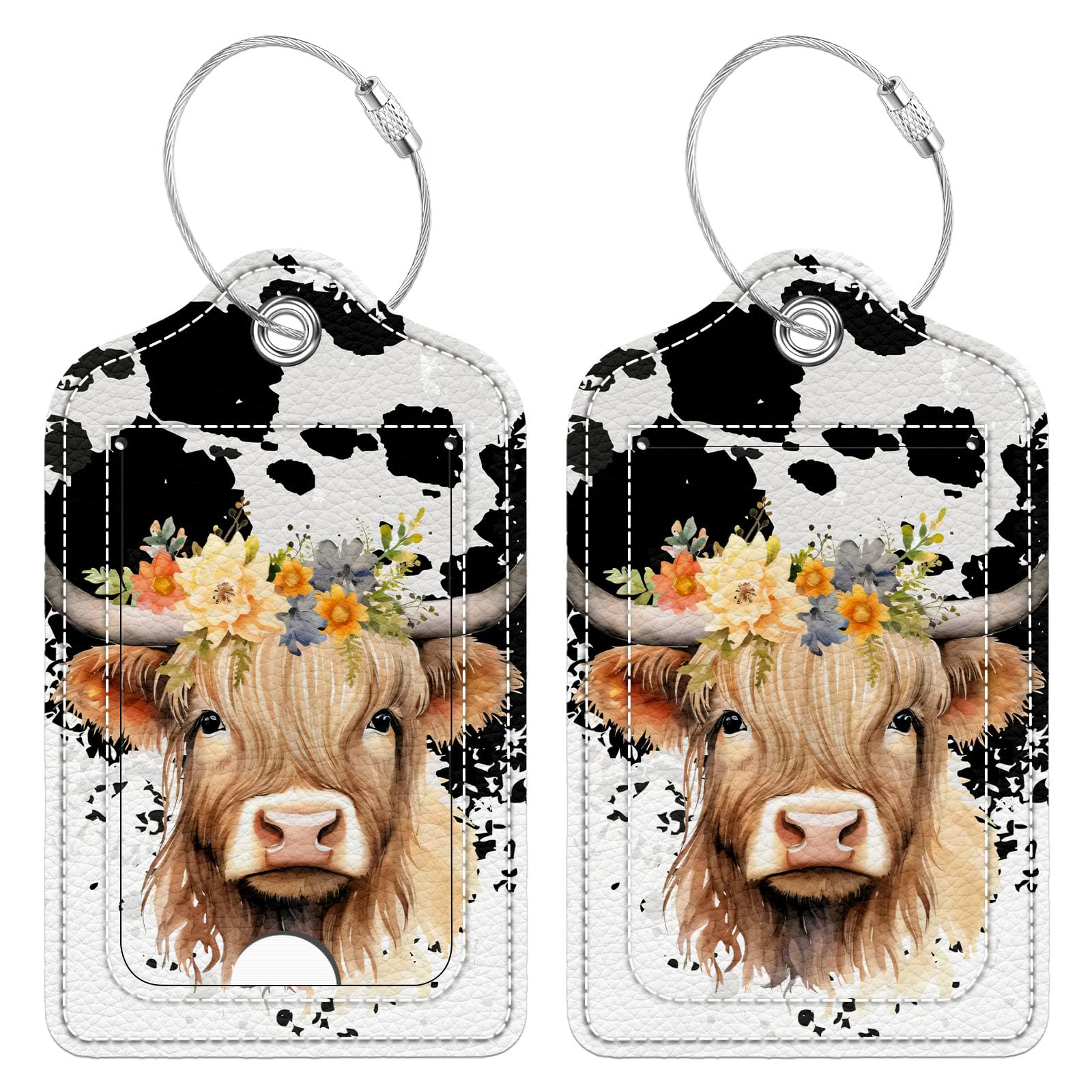 2 Pack Highland Cow Leather Luggage Tags for Suitcases - Unique Travel Bag Tags with Privacy Cover & Stainless Steel Loop - Perfect for Women, Men, Backpacks & Travel Bags (Ideal for Airports, Vacations & Business Trips)