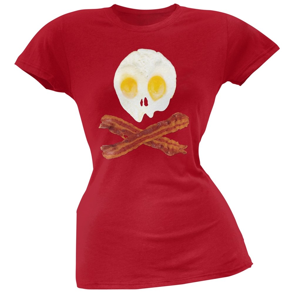 Skull and Crossbones Eggs & Bacon Graphic Soft Junior T-Shirt - Funny Breakfast Lover Tee for Casual Wear & Gifts