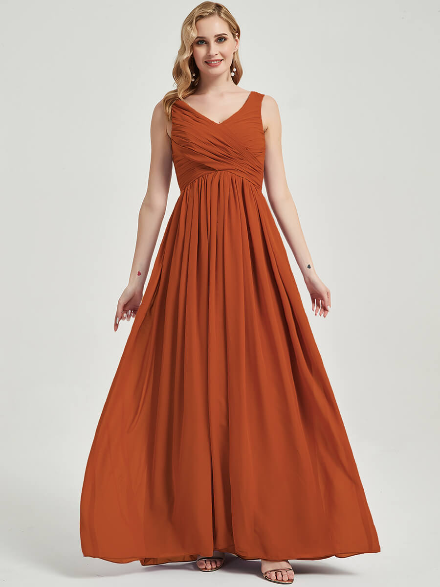 Elegant Burnt Orange V-Neck Sleeveless Empire Waist Chiffon Bridesmaid Dress - Perfect for Weddings, Formal Events & Special Occasions