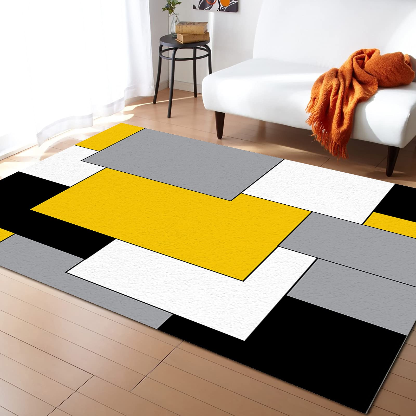 4x6ft Yellow Boho Geometric Area Rug - Non-Shedding Washable Carpet for Living Room, Bedroom & Kids Room Decor | Modern Black & Grey Aesthetic Rug for Home, Office & Dorm | Soft Comfy Floor Mat for Cozy Spaces