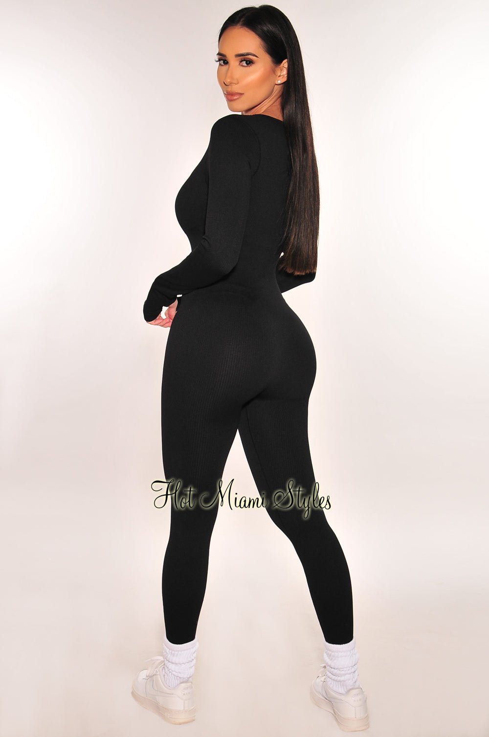 HMS Fit Black Long Sleeve Square Neck Padded Ribbed Bodycon Jumpsuit for Women - Slimming Workout Outfit for Yoga, Gym & Night Out