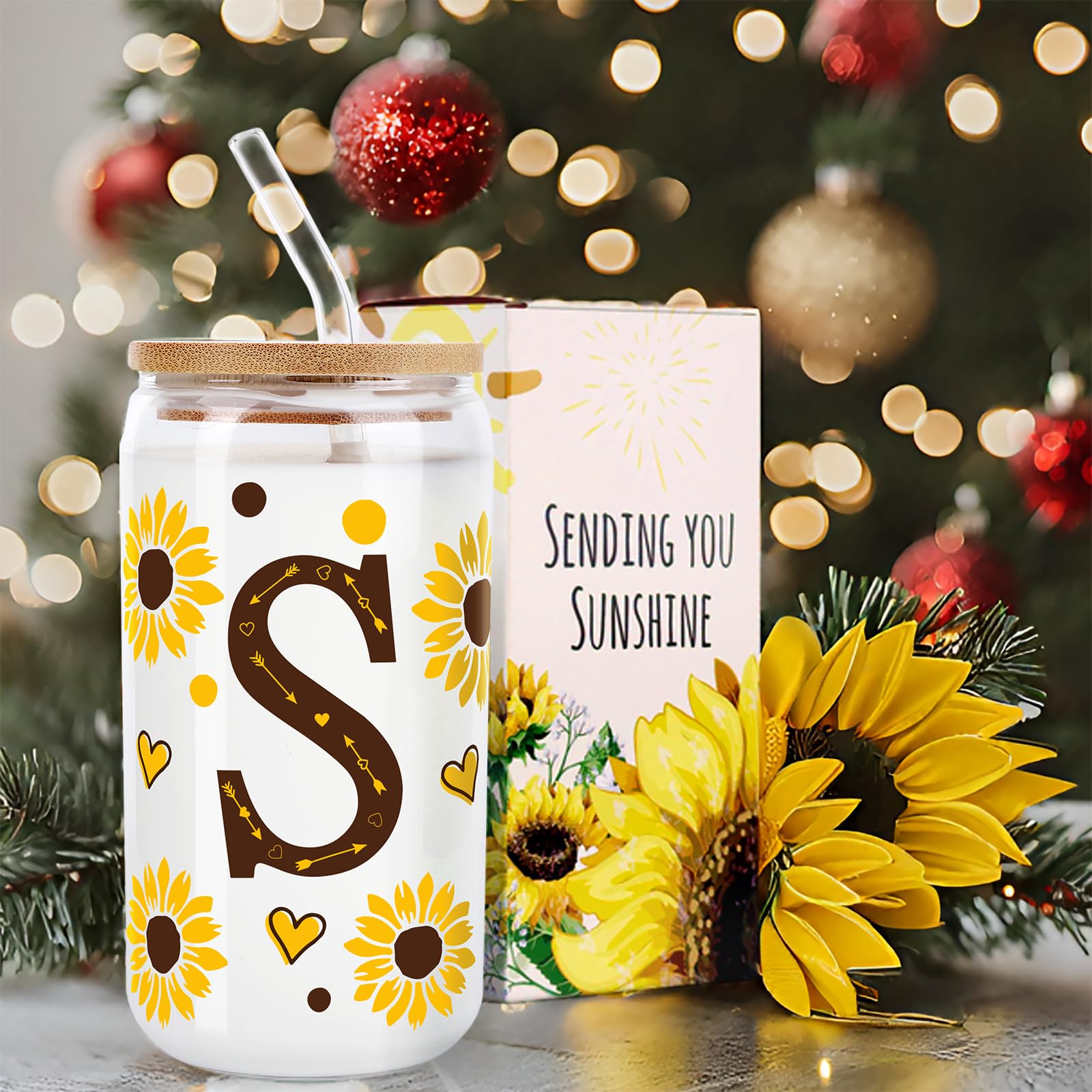 Personalized Sunflower Tumbler with Lid - Cute Sunflower Glass Mug for Women, Sunflower Birthday Gifts for Mom, Sister, Best Friend - Perfect for Coffee, Tea, Office, Home & Outdoor Use