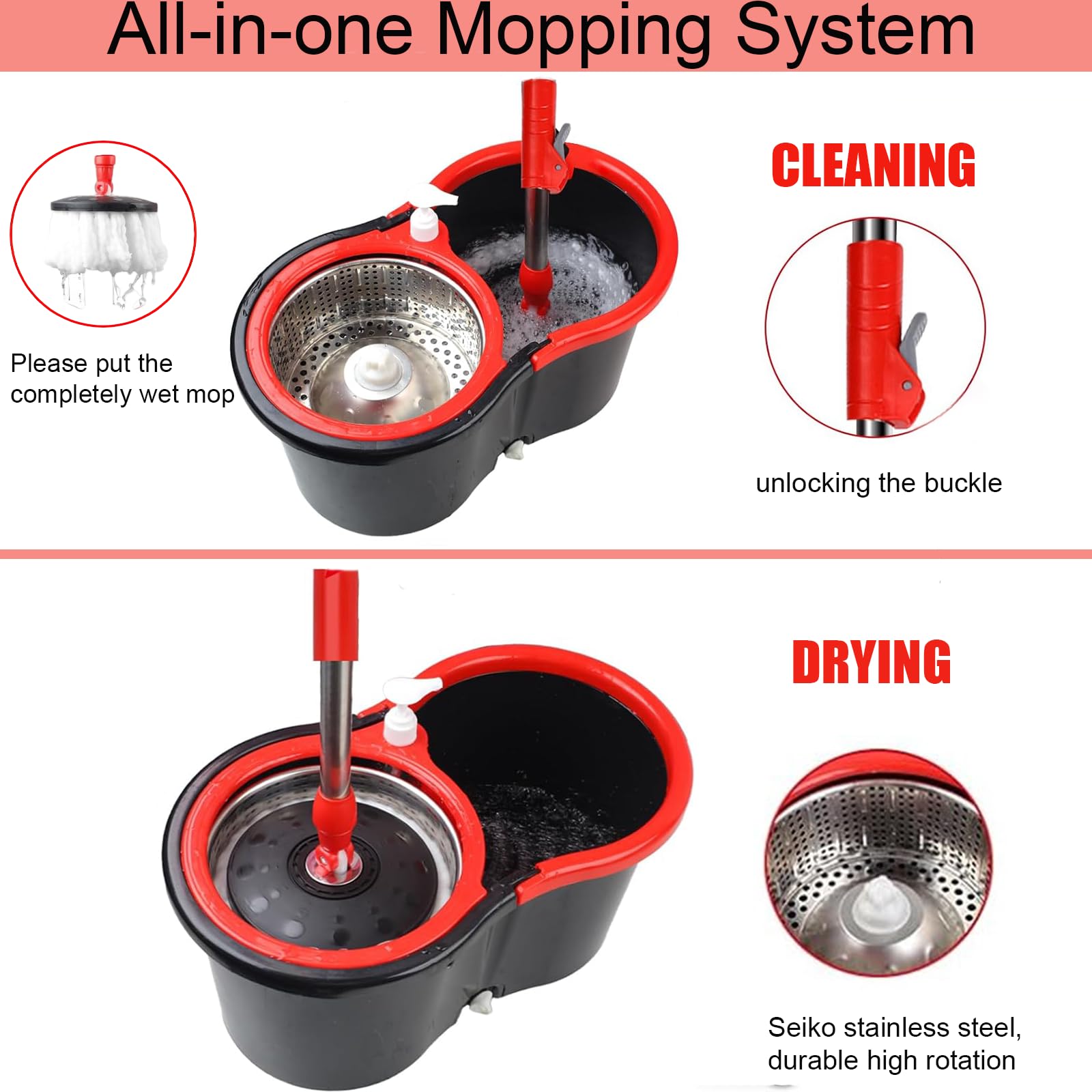 360° Spin Mop and Bucket Set with Wringer - 3 Microfiber Mop Refills & 61