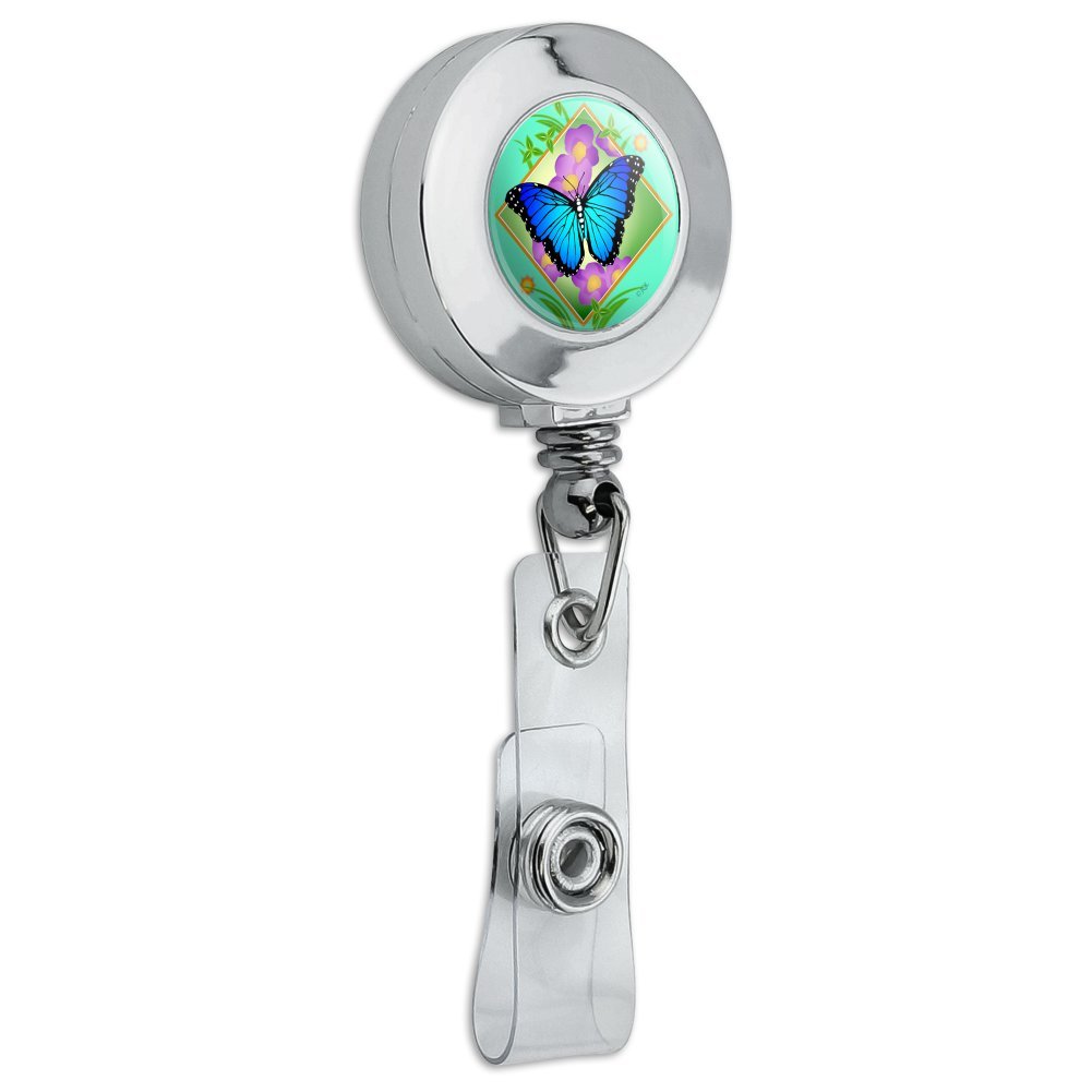 Blue Butterfly Purple Flowers Retractable Badge Reel with Chrome Clip - ID Card Holder for Work, Events, and Nursing Professionals