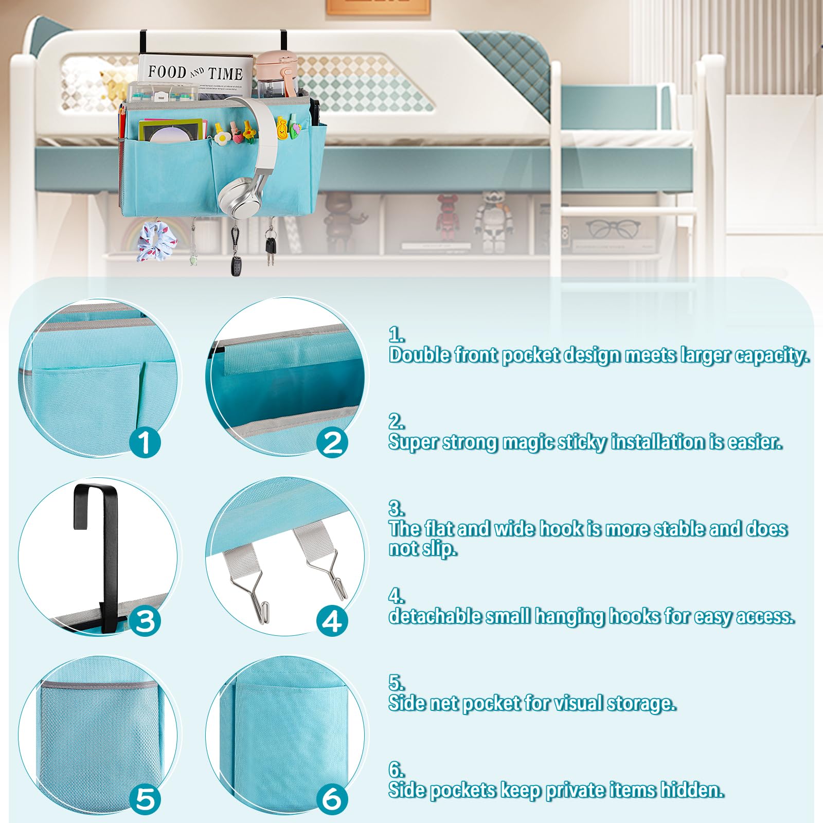 5-Pocket Bedside Storage Organizer with 4 Hooks - Hanging Organizer Bag for Headboard & Bunk Bed - Blue - Perfect for Bedroom Organization, Small Item Storage & Space Saving