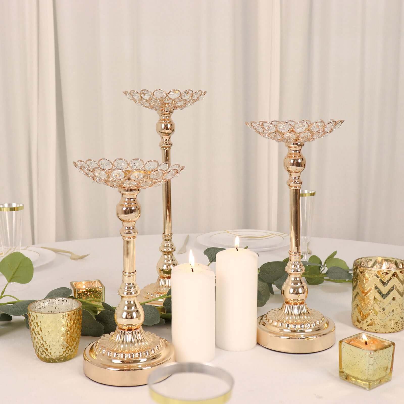 Efavormart Set of 3 Gold Metal Crystal Beaded Votive Candle Holders - 11