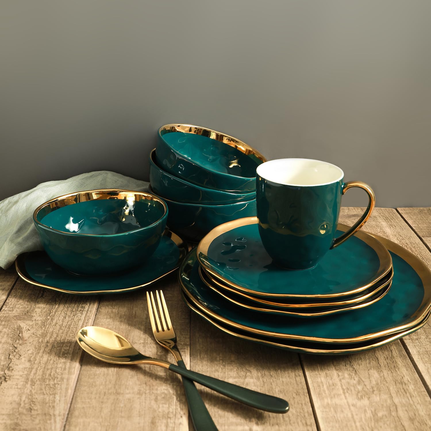 Florian Modern Porcelain 16-Piece Dinnerware Set - Green & Gold Rim Plates & Bowls for 4 - Elegant Stone Lain Dish Set for Dining, Entertaining & Everyday Use