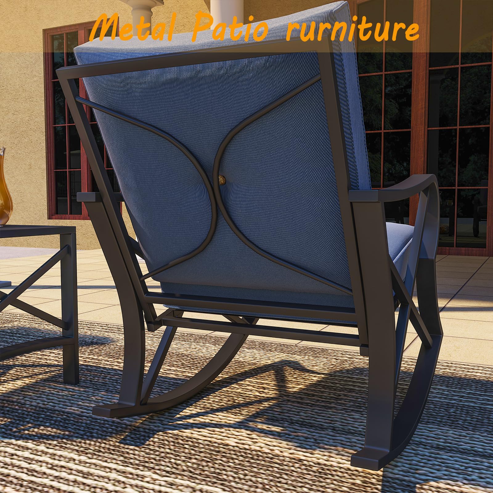 Modern Outdoor Patio Furniture Set - 5-Piece Metal Frame Sectional Sofa with Rocking Chair, Loveseat & Coffee Table - Blue Cushioned Conversation Set for Poolside, Lawn, Garden & Backyard Relaxation