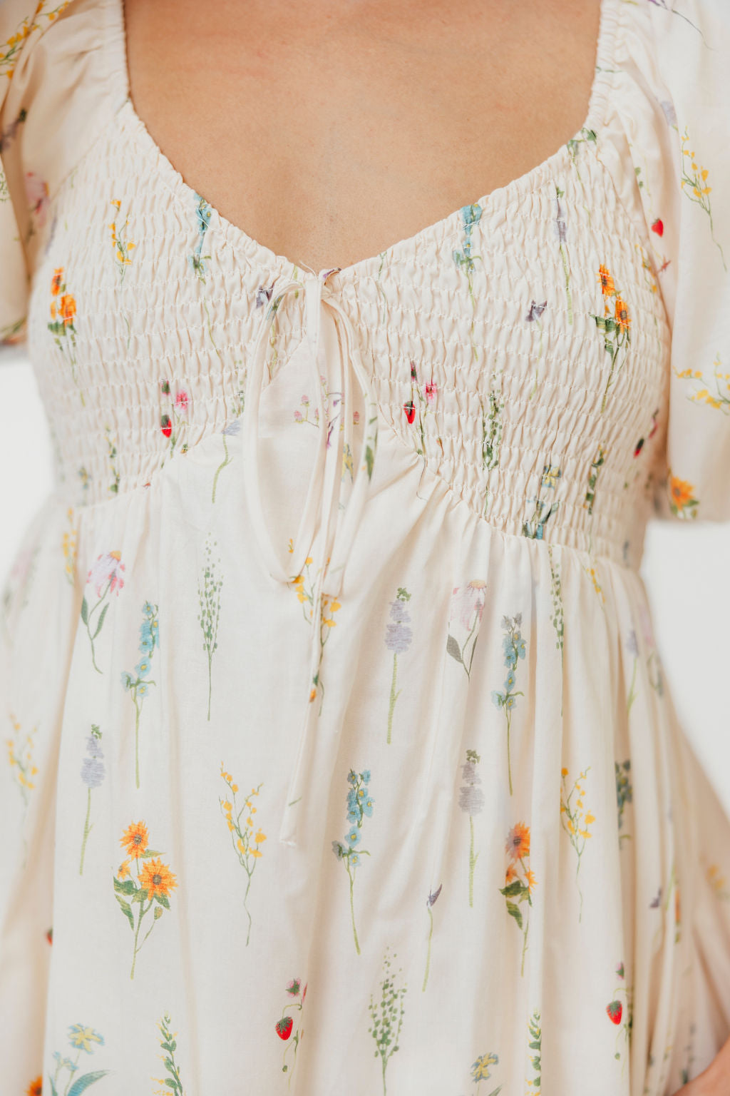 Magnolia Smocked Floral Midi Dress with Adjustable Tie - Perfect for Spring Weddings, Garden Parties & Summer Vacations
