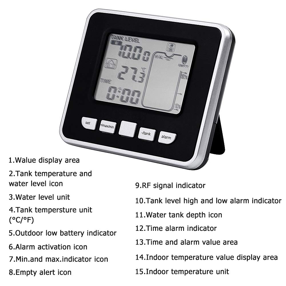 Liukouu Ultrasonic Water Level Sensor with Touch Control - Black | High Precision Liquid Level Detection for Tanks, Pools, and Industrial Applications