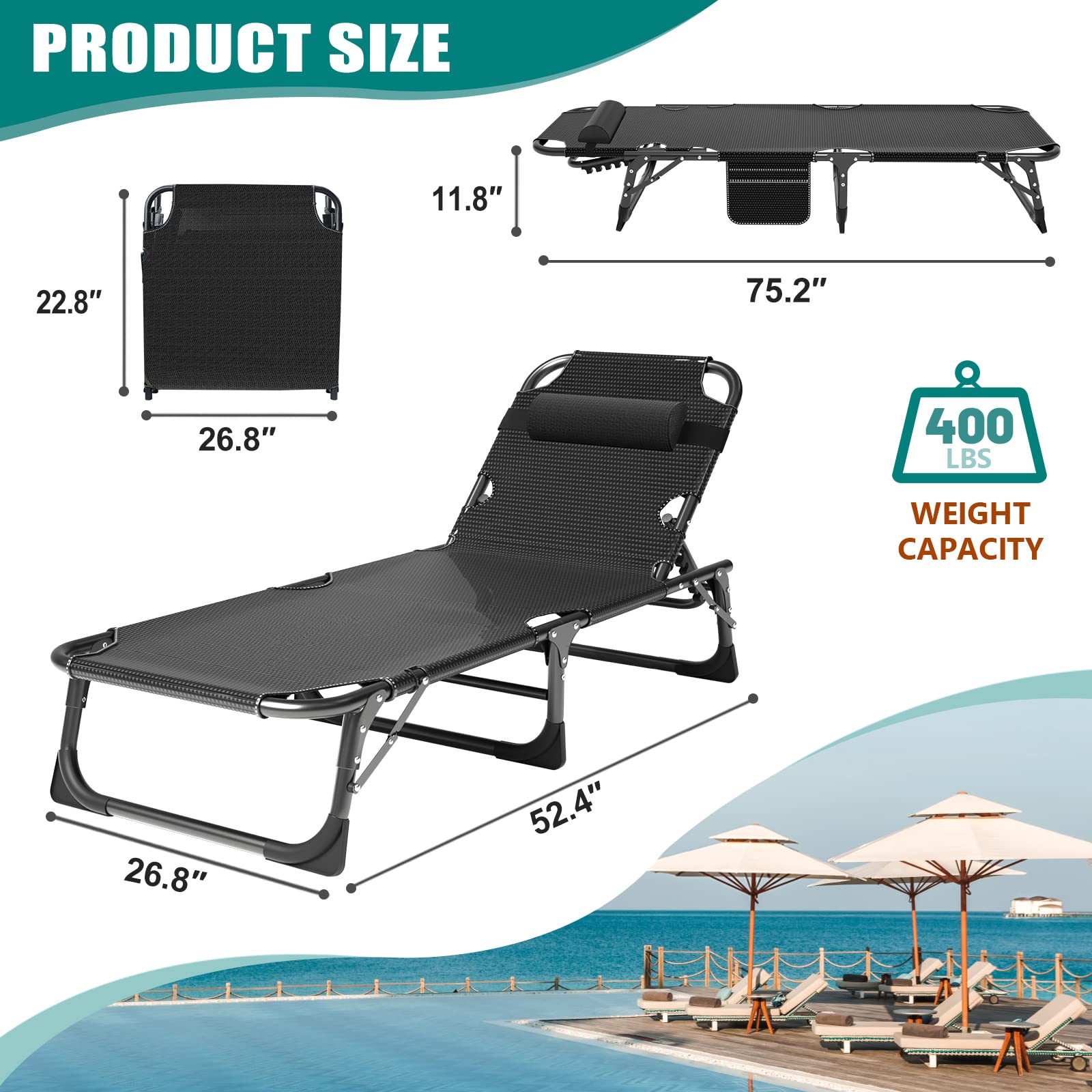 DoCred 5-Position Adjustable Folding Lounge Chair with Mattress - Portable Sleeping Bed Cot for Camping, Beach, Pool, Patio & Sunbathing | Perfect Outdoor Relaxation, Travel & Backyard Lounging