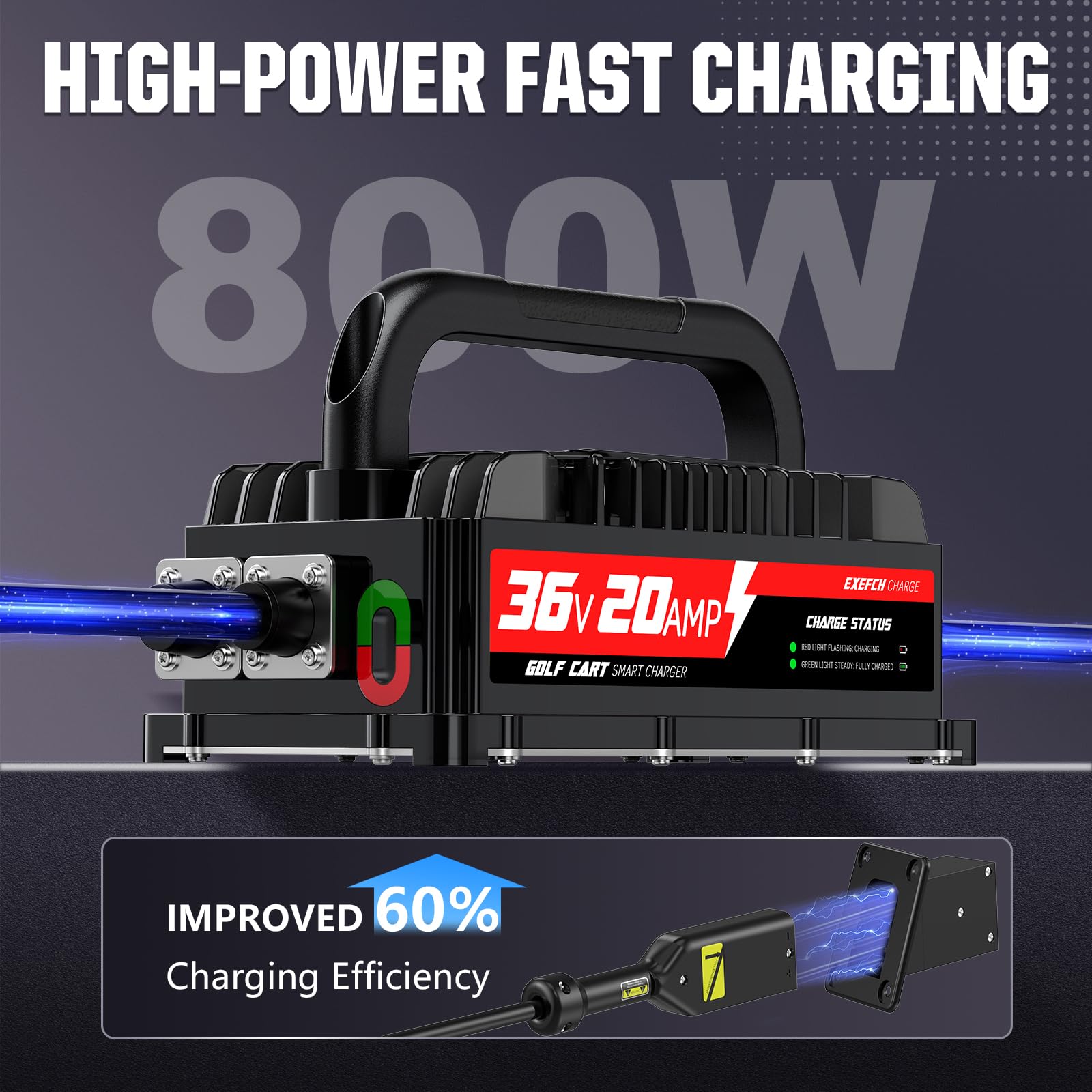 36V Golf Cart Battery Charger for EZGO TXT with 2-Pin D Style Plug - 20A Smart Trickle Charger, 800W Fast Charging, 17FT Cable - Compatible with Lead Acid Batteries - Perfect for Home, Golf Course, and RV Use