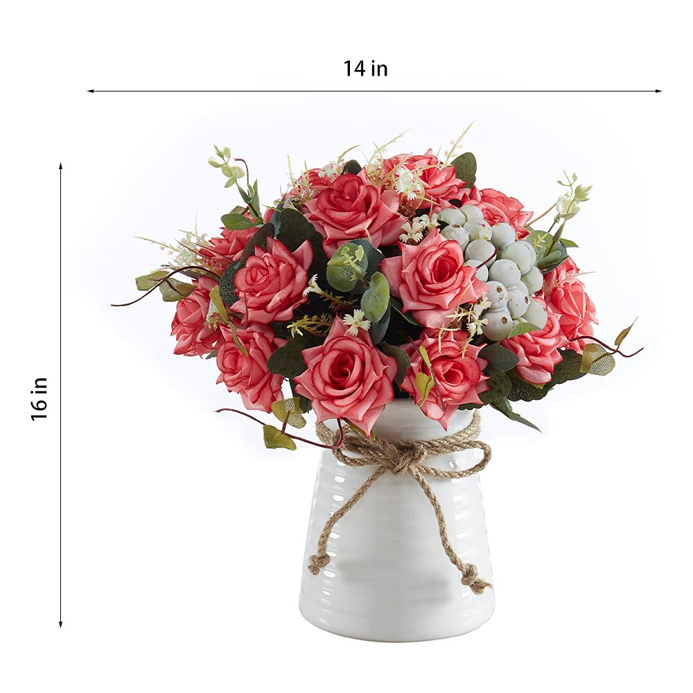 Artificial Silk Roses in Vase - Rustic Floral Table Centerpiece for Home, Kitchen & Room Decor | Perfect for Weddings, Parties & Farmhouse Style Decorations