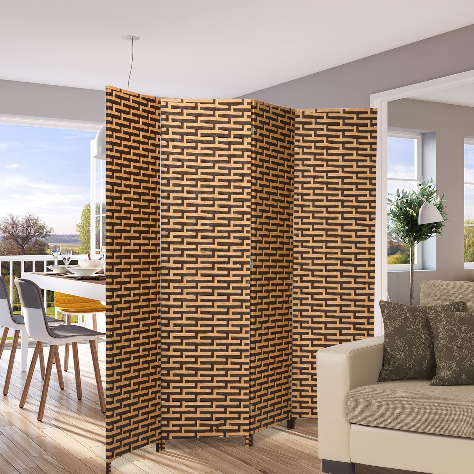 Handmade 6 Ft 4 Panel Rattan Room Divider - Wood Folding Screen Partition for Home & Office - Freestanding Boho Room Separator for Bedroom, Living Room, Studio or Dorm Decor