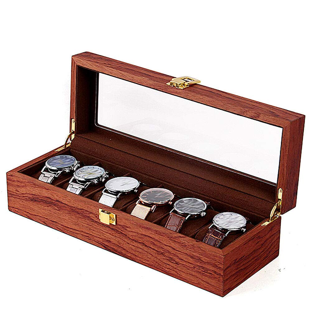 LOYALHEARTDY 6-Slot Wooden Watch Display Case with Glass Lid - Jewelry & Watch Storage Organizer Box for Men & Women - Perfect for Watch Collectors, Gift Giving & Dresser Display