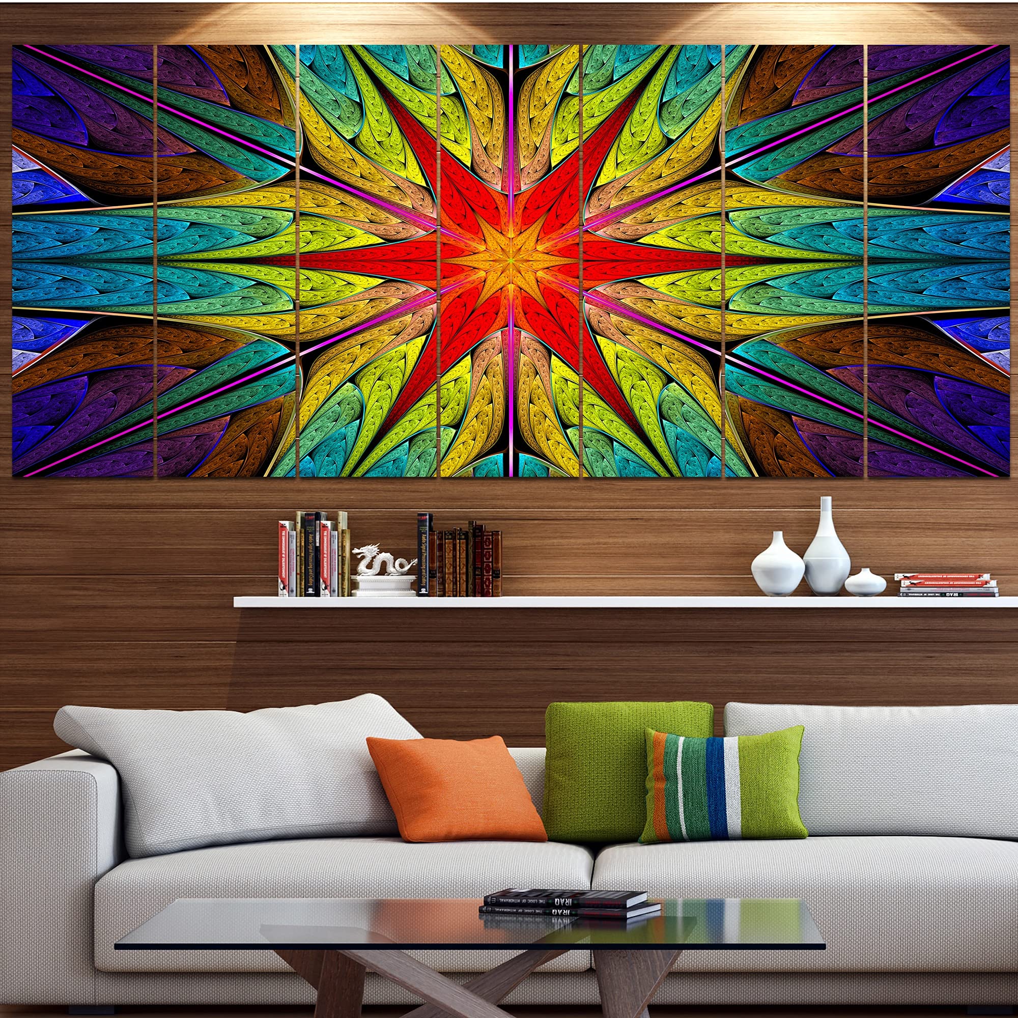 Abstract Wall Art Canvas - 'Stained Glass with Bright Red Star' Modern Home Decor - 48x28 Inch 4-Panel Painting for Living Room, Bedroom & Office