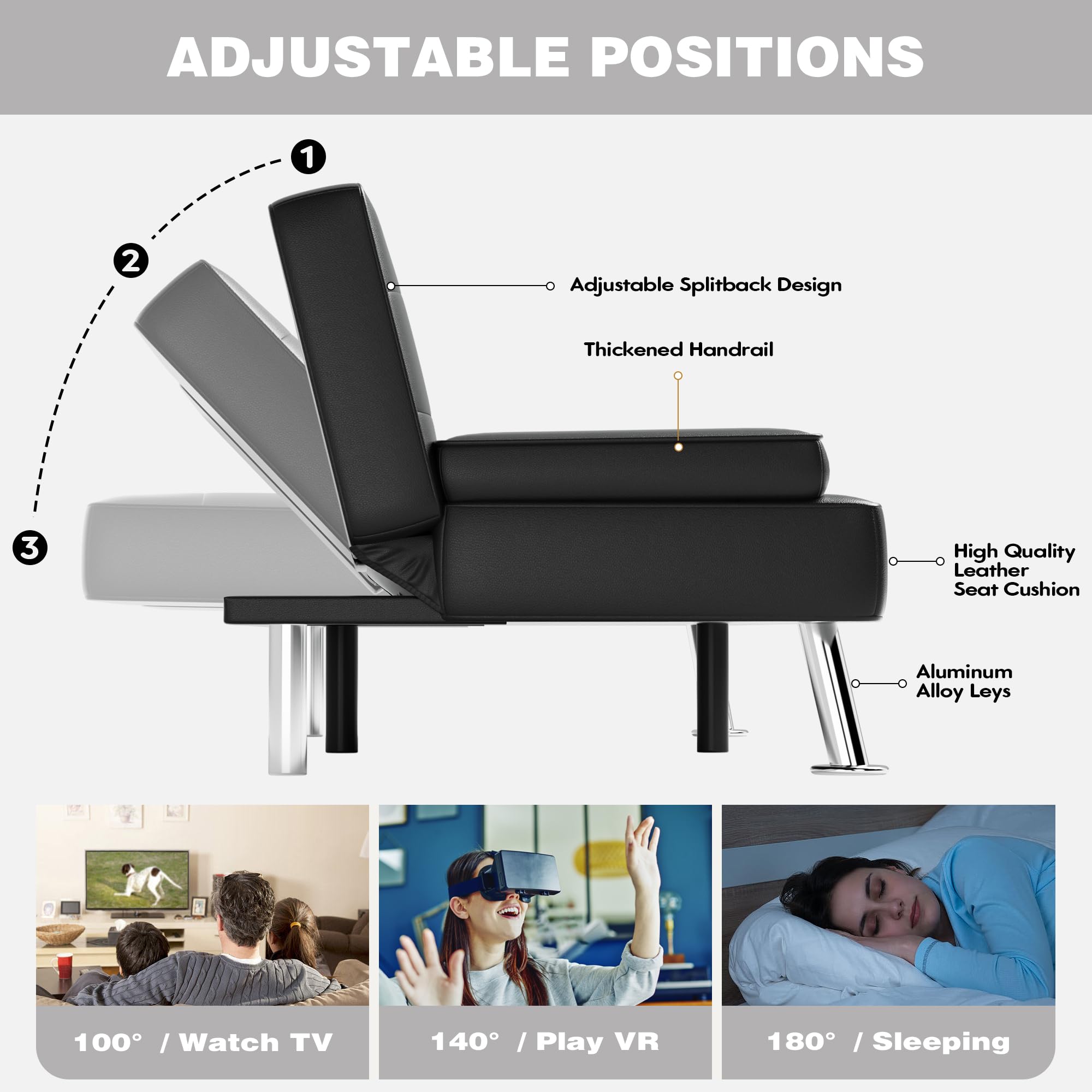 JUMMICO Adjustable PU Leather Futon Sofa Bed with Removable Armrests & 2 Cup Holders - Convertible Sleeper Couch for Small Spaces, Living Room, Dorm, Apartment (Black) - Perfect for Guest Beds, Movie Nights & Compact Living
