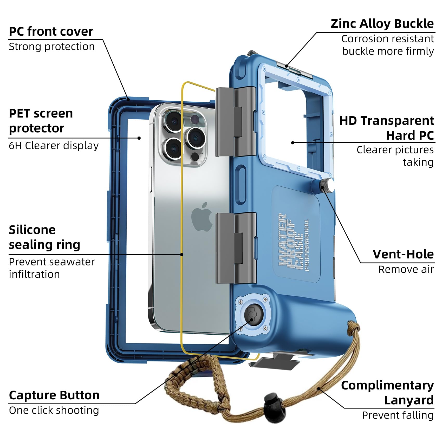 Waterproof Phone Case for iPhone 16/15/14/13/12/11 Pro Max/XS/X & Samsung Galaxy S24/S23/S22/S21 - 50ft/15m Underwater Protection, Scuba Diving, Snorkeling, Swimming & Beach Activities (Blue)