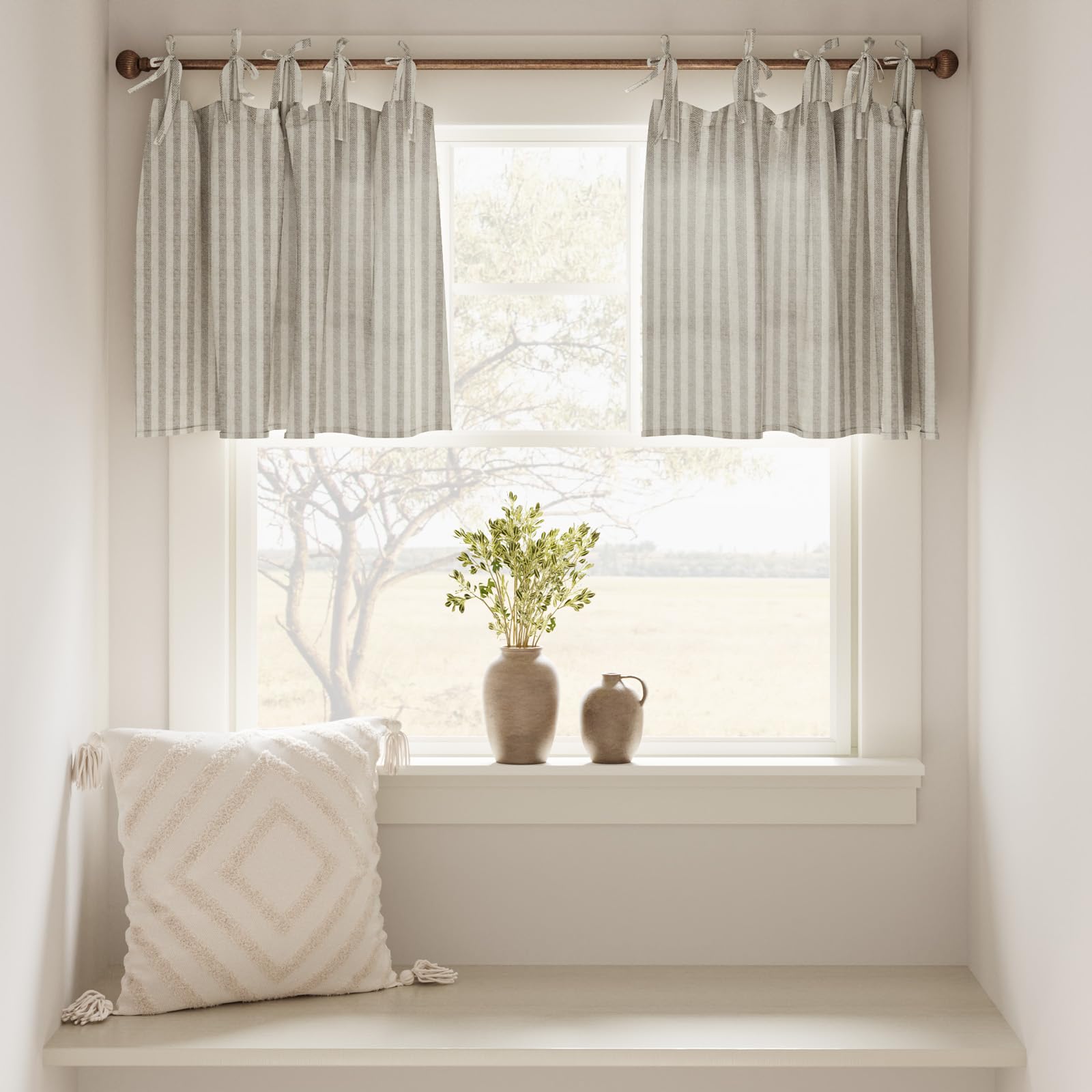 Jinchan 24 Inch Linen Kitchen Curtains - Striped Tier Window Drapes with Rod Pocket, Ticking Stripe Design for Farmhouse, Bathroom & Living Room | 2 Panels in Taupe | Perfect for Small Windows, Cafes & Rustic Home Decor