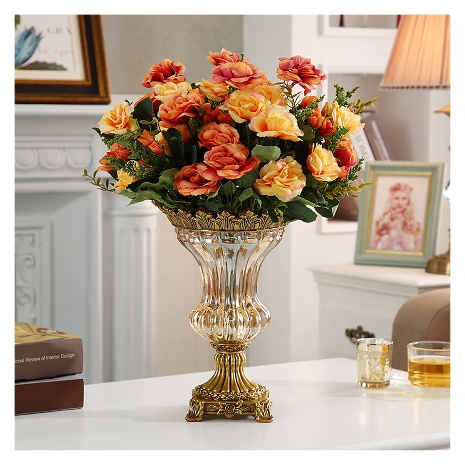 Premium Clear Glass Vase with Resin Base - Luxury European Style Flower Vase for Dried Flowers, Home & Office Decor - Perfect for Wedding Centerpieces, Tabletop Displays and Modern Interior Design (Flowers Style-1)