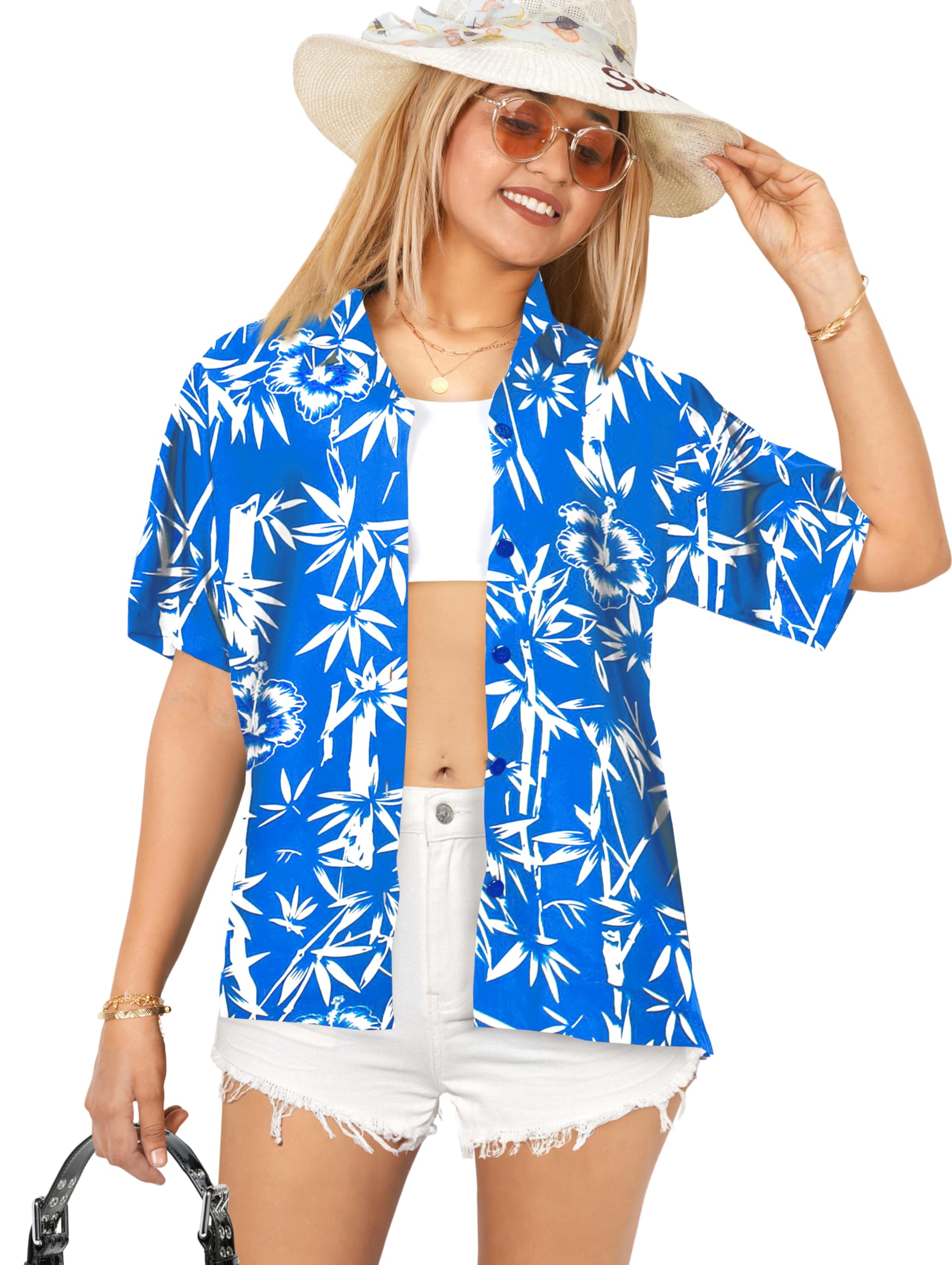 LA LEELA Women's Hawaiian Short Sleeve Blouse - Floral Beach Shirt for Summer Vacation, Pool Party & Tropical Getaway