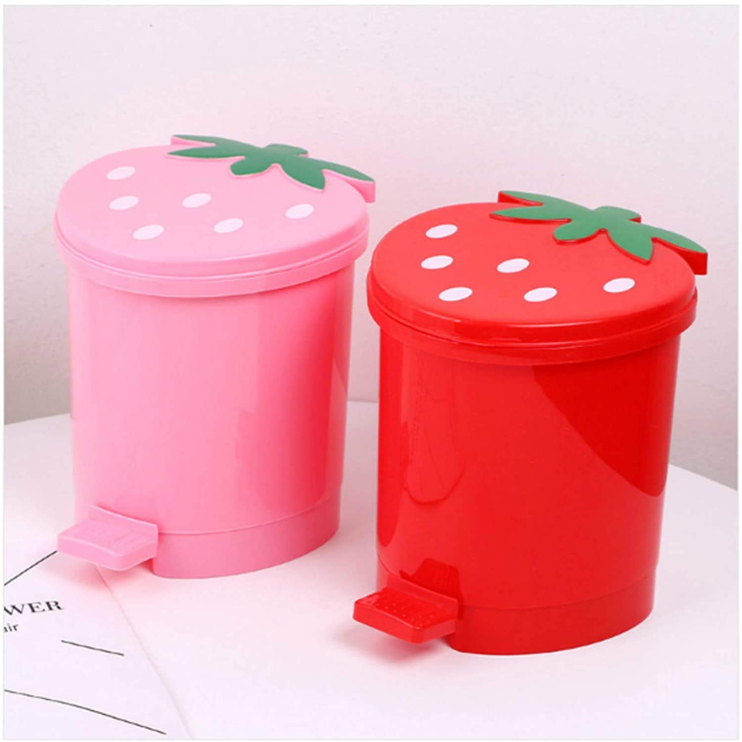 Cute Strawberry Shaped Trash Can with Lid - Small Plastic Garbage Bin for Bedroom, Office & Desk - Includes 5 Rolls of Kawaii Trash Bags - Perfect for Home, Dorm & Gift Giving
