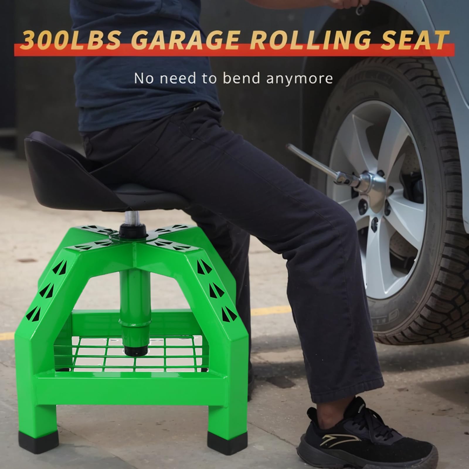 Heavy Duty Green Rolling Shop Stool - 300 Lbs Capacity Adjustable Height Pneumatic Swivel Stool with Tool Storage | Perfect for Workshop, Garage & Industrial Use