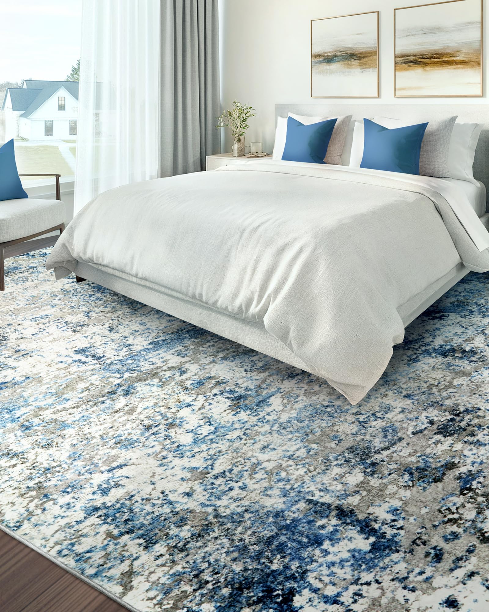 Washable 8x10 Modern Abstract Area Rug - Soft Neutral Non-Slip Low Pile Carpet for Living Room, Bedroom, Dining Room, Nursery & Home Office in Grey/Blue | Perfect for High-Traffic Areas & Cozy Home Decor