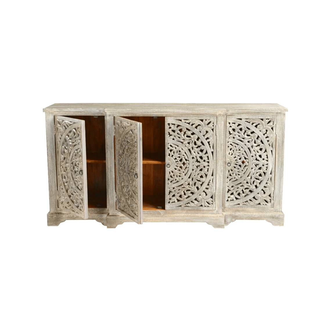 Hand Carved Solid Wood Buffet Sideboard - White Finish | Rustic Farmhouse Dining Room Furniture for Storage & Display